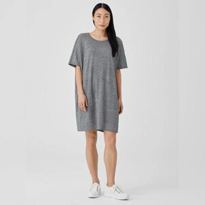 Eileen Fisher Organic Cotton Hemp Shift Dress Heather Gray Pockets Size XS